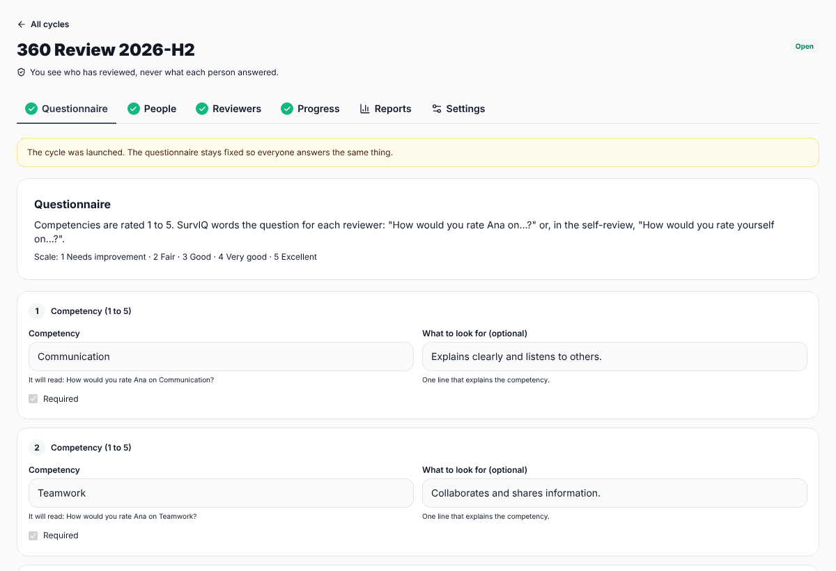 360 questionnaire with each competency and what is observed