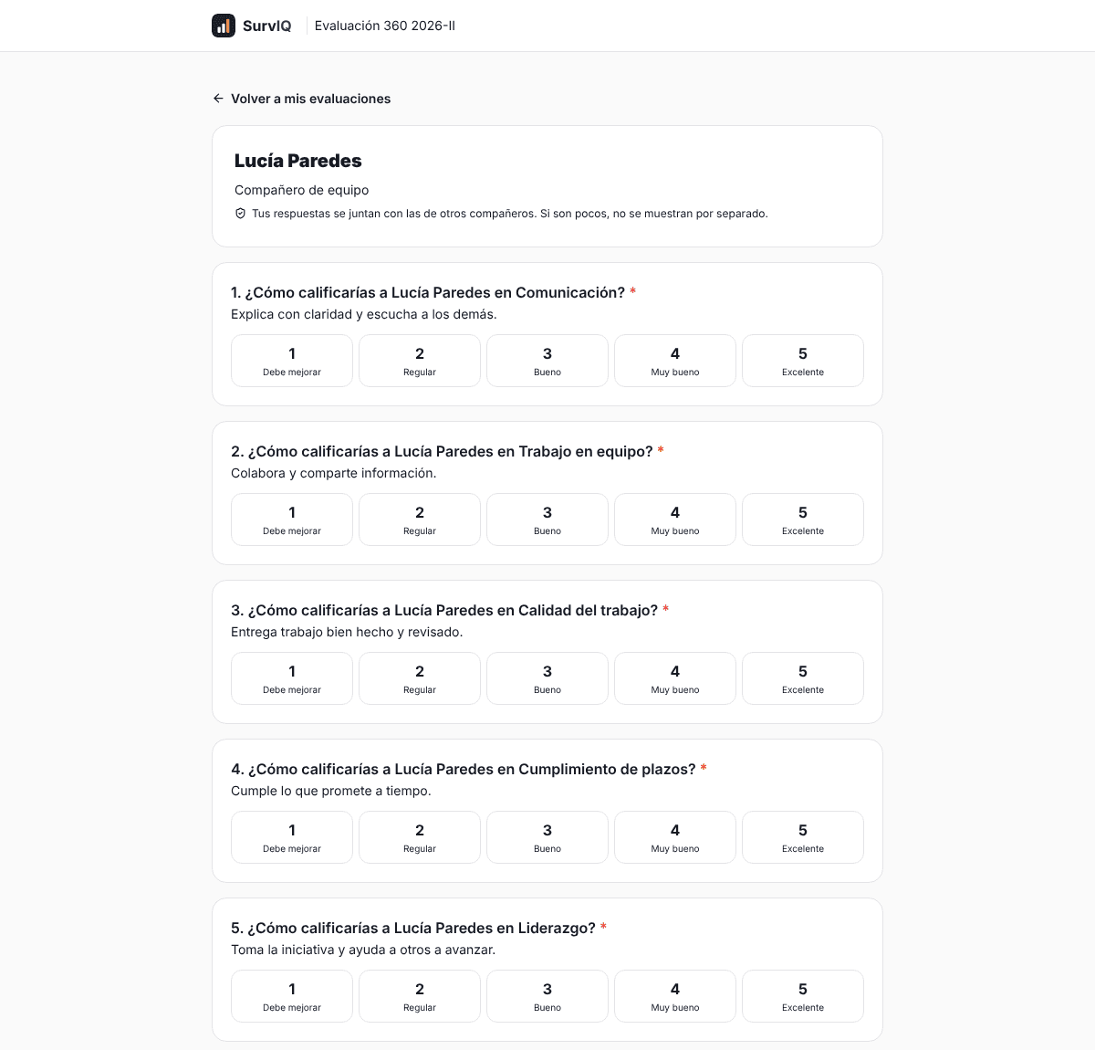 Formulario de evaluación 360 con competencias calificadas de 1 a 5