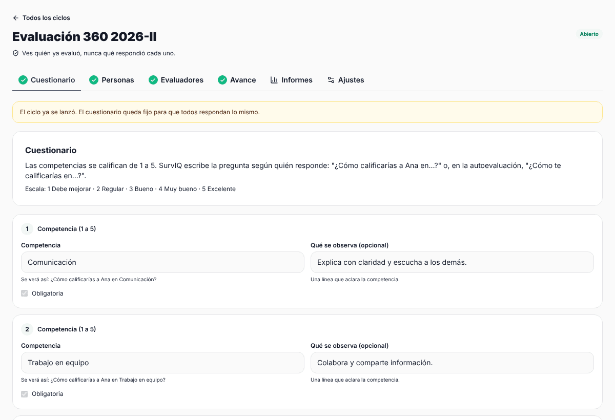 Cuestionario de una evaluación 360 con cada competencia y lo que se observa