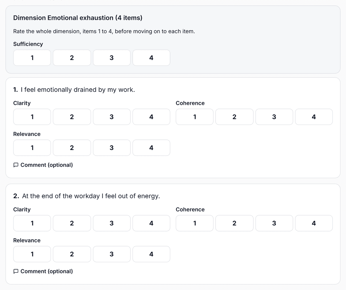 Judge form with sufficiency rated for the whole dimension and clarity, coherence and relevance per item