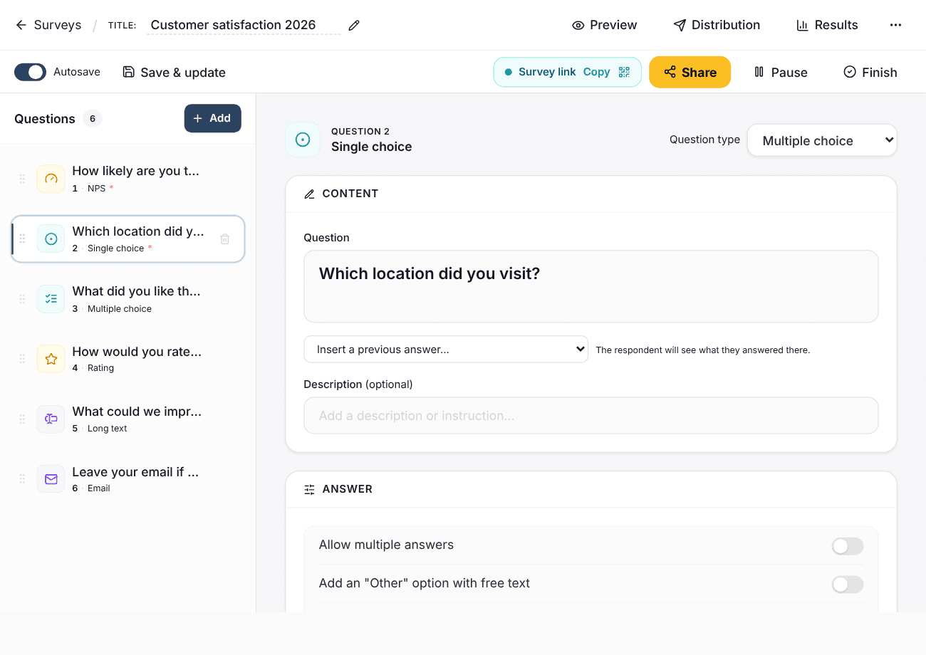 SurvIQ survey editor with the question list and an NPS question open