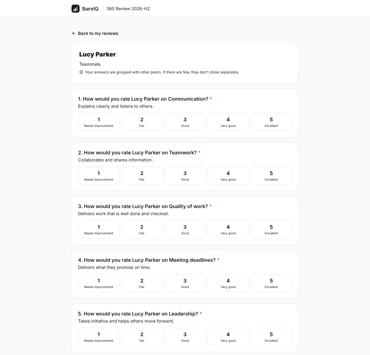 360 review form with competencies rated from 1 to 5