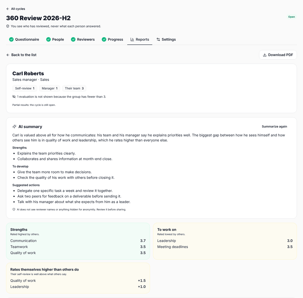 A person's 360 report with AI summary, strengths and gaps