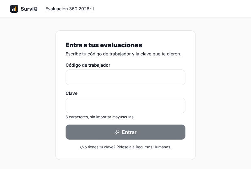 Pantalla de entrada con código de trabajador y clave