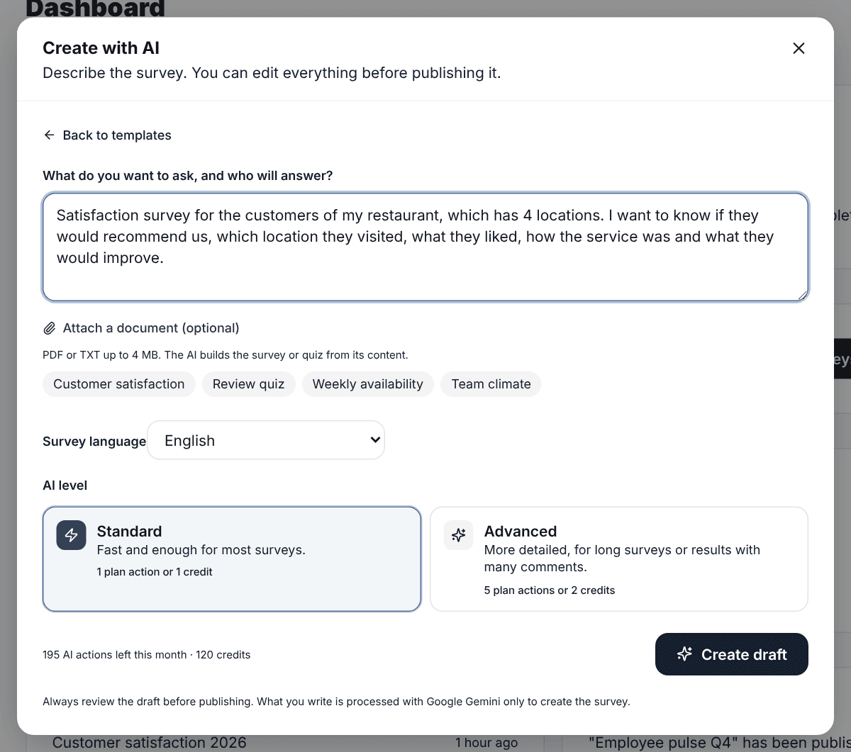 SurvIQ Create with AI window with a description of a restaurant satisfaction survey