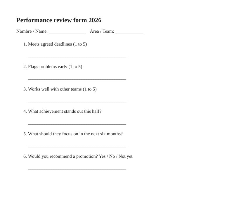 Performance review form in PDF with six questions