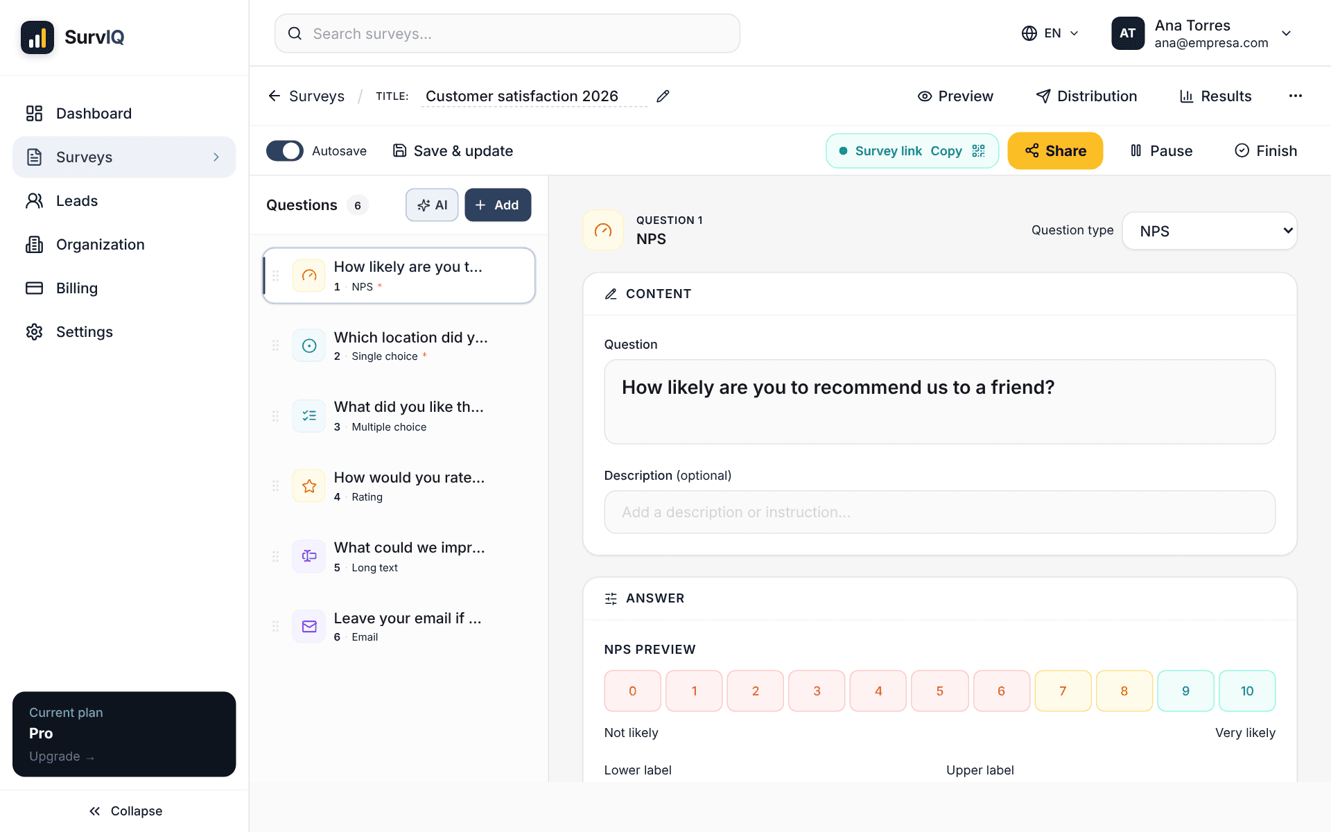 SurvIQ editor with a six-question customer satisfaction survey