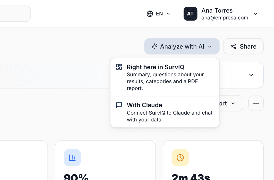 Analyze with AI menu on the results page with the options Right here in SurvIQ and With Claude