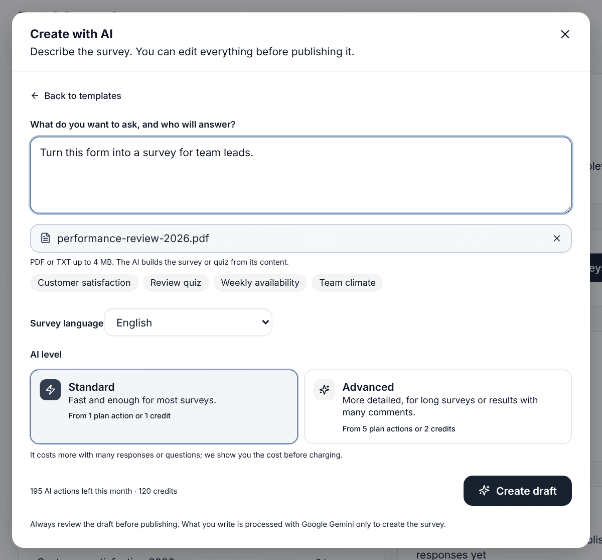 Create with AI window with an attached PDF and an instruction to turn it into a survey