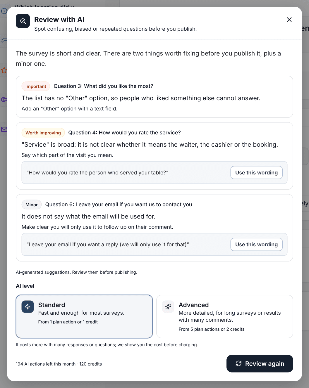 AI review of a survey with three suggestions: important, to improve and minor