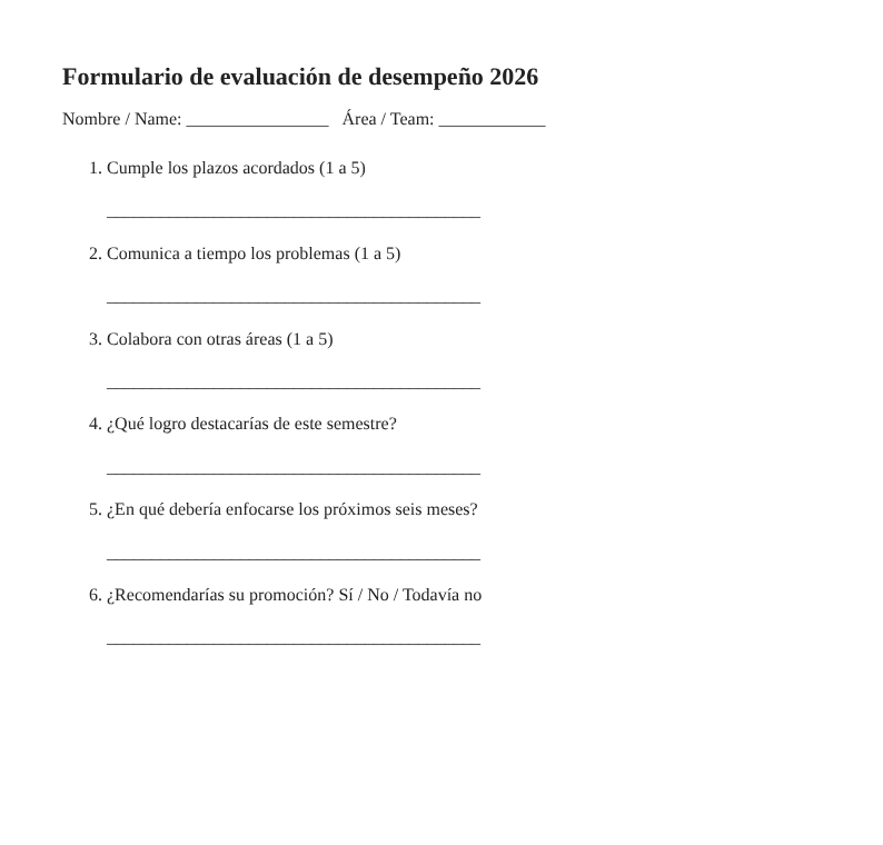 Formulario de evaluación de desempeño en PDF con seis preguntas
