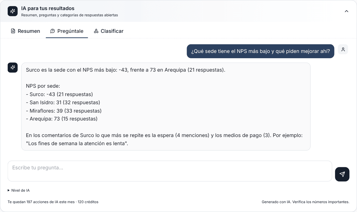 Pregunta sobre qué sede tiene el NPS más bajo y respuesta con el NPS de cada sede y los temas que más se repiten