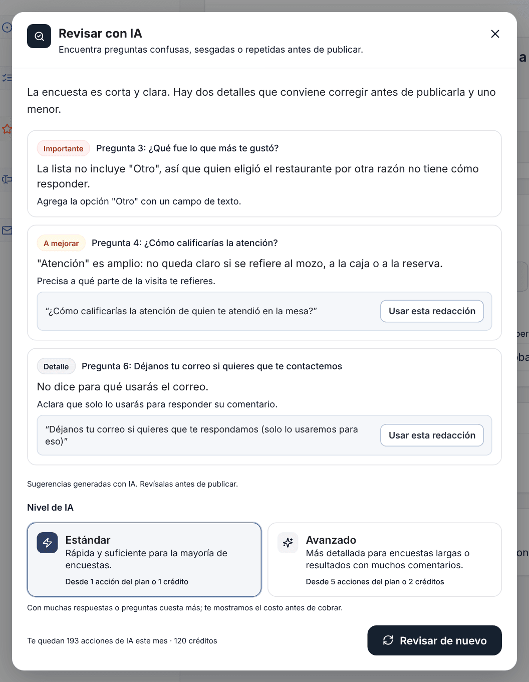 Revisión con IA de una encuesta con tres sugerencias: importante, a mejorar y detalle