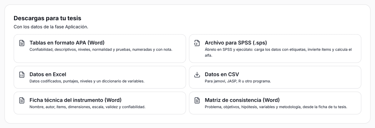 Descargas del Modo Tesis: tablas APA en Word, archivo SPSS, datos en Excel y CSV, ficha técnica y matriz de consistencia