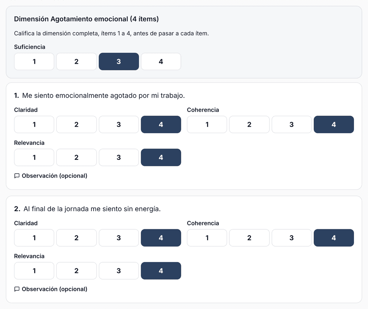 Formulario del juez con la suficiencia calificada para la dimensión completa y la claridad, coherencia y relevancia por ítem